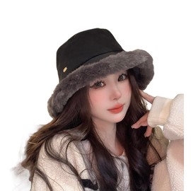 [$ole only] Sole Only Bucket Hat, Faux Fur, Suede, Warm, Autumn/Winter, Adjustable Drawstring, Small Face Effect, Fluffy, Cute, Warm Hat, Women's, Men's, Fashionable, Black, 56.0-59.0 cm