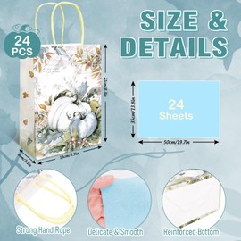 FYSUIMU 24Pcs Fall Pumpkin Paper Treat Bags with 24 Sheets Tissue Paper Autumn Watercolor Blue White Pumpkins Candy Goodie Bags with Handles for Thanksgiving Party Favors
