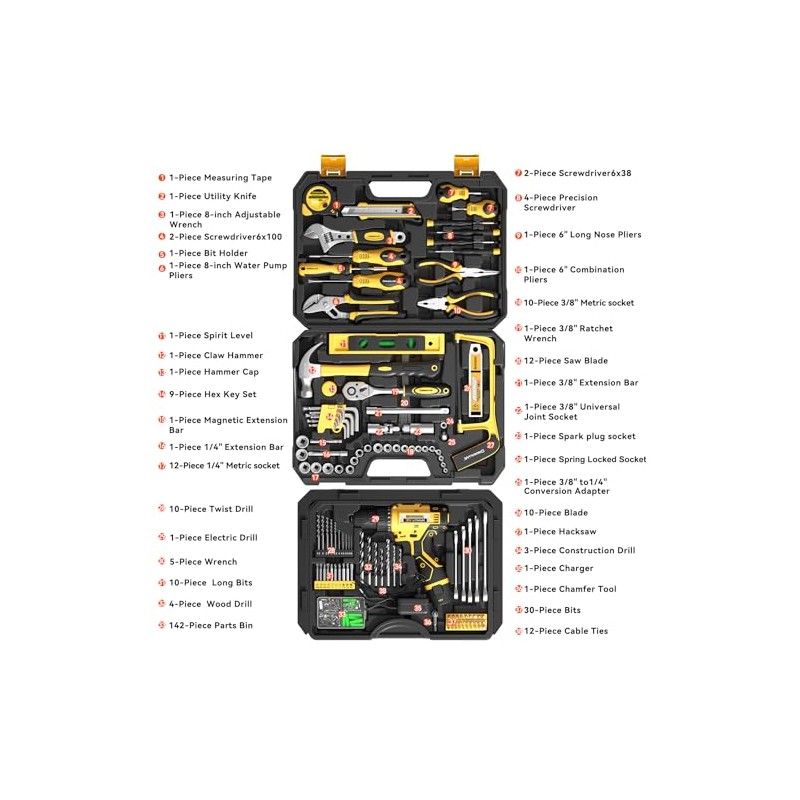 Tool Kit Box Drill Set with 12V Power Cordless Drill
