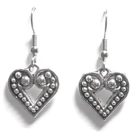 Medium Heart with Open Center, Beaded Outside Edge - 19x17mm - Silver alloy charm dangle earrings. Hypoallergenic Stainless-Steel Fishhook or Silver Plated Ball-Post, or Clip-on Earrings Opt.