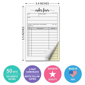 321Done Order Form Pad, 3.4x5.5 Handheld 2-Part Carbonless, Made in USA, Carbon Duplicate Copy Sales Receipt Form, Invoice Booklet, Cute for Small Boutique Business (50 Sets) White/Yellow