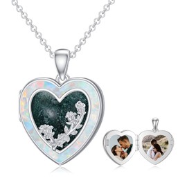 PROESS Sterling Silver Heart Rose Locket Necklace for Women with Moss Agate Flower Locket Necklace that Holds 2 Pictures
