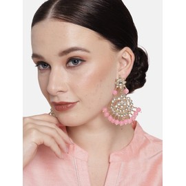 Aheli Indian Faux Kundan Dangle Earrings with Red Drop Beads Wedding Party Ethnic Fashion Jewelry Gift for Women Pink