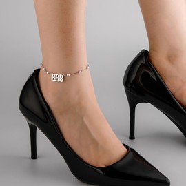 TGOLM Angel Number 888 Ankle Bracelet Faux Pearl Beaded Anklet for Women Silver Tone