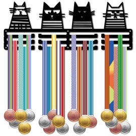 CREATCABIN Cat Shape Medal Holder Wall Mount Iron Frame Decor Awards Storage Hanger 3 Lines Separate Hooks for Athletes Competition Winners Gifts 60+ Medals Ribbons Organizer Display 15.7x5.9in