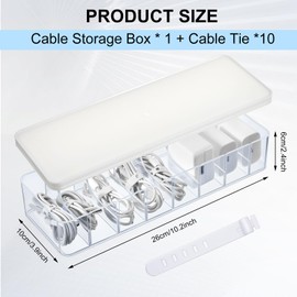Tatuo 1 Pcs Cable Organizer with 10 Wire Ties, Clear Plastic Cord Storage Box with Lid for Home Office Desk Organizers and Accessories