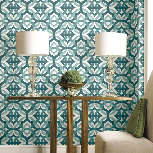 Waverly RMK11864RL Tipton Peel and Stick Wallpaper (18 in x 18.86 ft) – Easy Application, No Sticky Residue – Teal and White