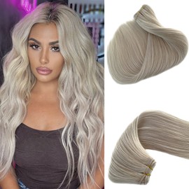 Benafee Sew in Weft Hair Extensions Human 16 Inch Ice White Real Double Wefts Hand Tied Bundles