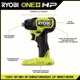 RYOBI ONE+ HP 18V Brushless Cordless Compact 1/4 in. Hex Impact Driver (Tool Only) PSBID02
