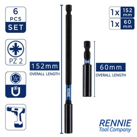 6 Piece Rennie Tool Magnetic 60mm and 152mm Professional Impact Bit Holders with 4 x 25mm Pozidriv PZ2 Screwdriver Impact Bits. Heavy Duty