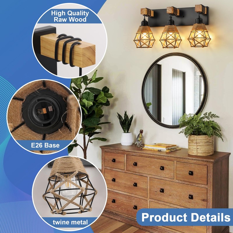 Rustic Style Wood Bathroom Wall Sconce，3 Light Bathroom Vanity Light