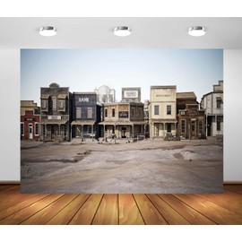 Loccor 5x4ft Fabric Old Western Town Backdrop Rustic Wild West Town Bank Saloon Handwear Wooden Buildings Background Cowboy Cowgirls Birthday Party Portrait Photo Props