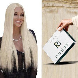 RUNATURE Blonde Weft Hair Extensions Human Hair 16 Inch,100g,Straight Remy Human Hair Weft Extensions Full Head Thick Weft Human Hair Extensions Silky Soft Hairpiece