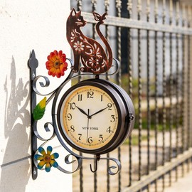 Vintage Double Sided Wall Clock with Metal Frame Antique Cat Wall Clock for Outdoor, Silent no-Ticking Watches & 360 Degree Rotate, Decorative Art Decor for Patio Living Room Restaurants