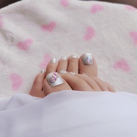 DCYFZJ Press on Toenails Short Fake Nails French Acrylic Nail Tips Toenails Silver White Rhinestones Luxury Design Short Toenails Artificial Full Cover Wearable Foot False Nails for Women and girl