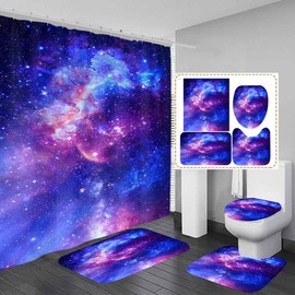 AAtter 4 Piece Galaxy Shower Curtain Set Space Universe Starry Sky Purple Blue 60Wx72L Curtains Decor with Non-Slip Rugs, Toilet Lid Cover and Bath Mat Bathroom Accessorie Home Bathtub Set, Anime
