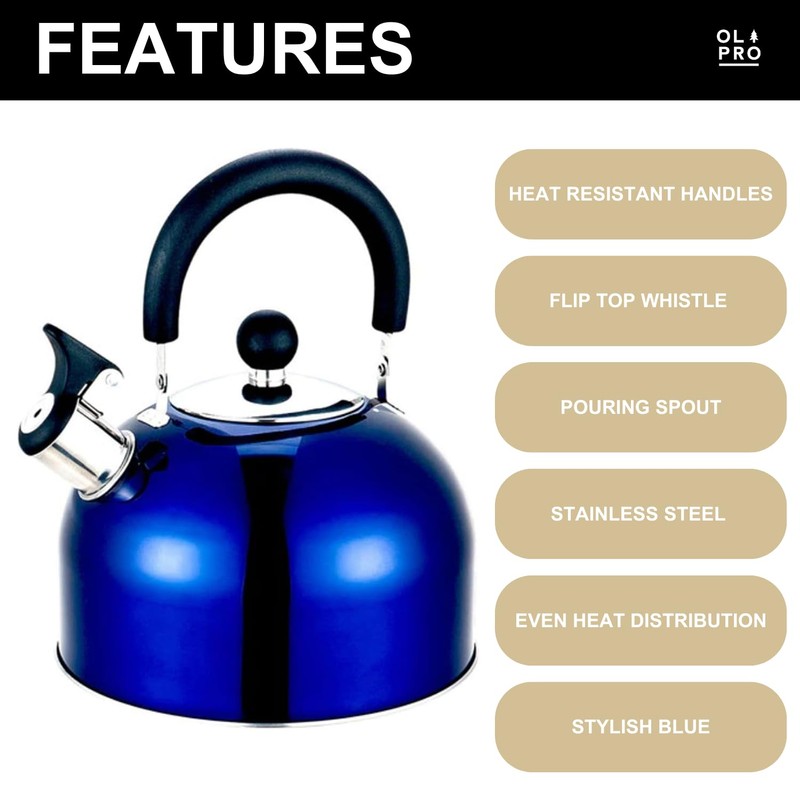 OLPRO 2 Litre Stainless Steel Whistling Kettle – Durable Blue