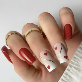24Pcs Valentine's Press on Nails Medium Square Fake Nails with Heart Gold Line Design Glue on Nails Red Artificial Nails Red Heart Acrylic Nails Full Cover False Nails for Women Girls DIY Manicure