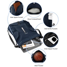 BROTOU Soccer Drawstring Backpack, Basketball Bag, Volleyball Football Bags with Ball and Shoe Compartment (Style 1, Navy Blue)