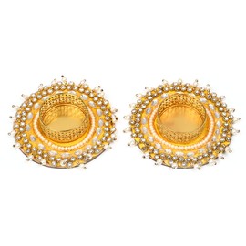 Set of 2 Decorative Tea Light with Moti Beads T Light Holder Candle Stand Holders Lightning Lighting Accessories for Christmas Festival Home Decor new year Gifts(Without Wax)(Size-4")(Yellow)