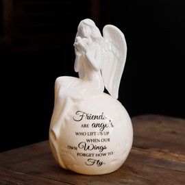 Ceramic Angel Lighted up Collectible Figurines Best Friendship Gift Sitting Angel Hold Dove on Hand with Essential Quote Night Light 8" H