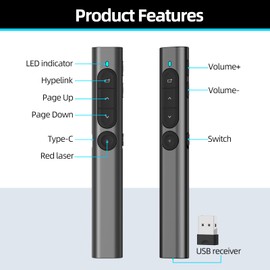 MOXYOY Presentation Clickers, Clicker for Powerpoint, Wireless Rechargerable Presenter Remote, Presentation Clicker with Volume Control/Hyperlink for Keynote/PPT/Mac/PC/Laptop (Black)
