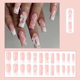 24pcs Pink Coffin Press-on Nails - Long French False Nails with Glue, Cute 3D Flower Pattern, Square, Reusable, Bling Rhinestone Acrylic Artificial Nails