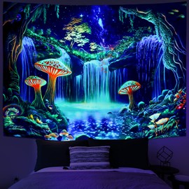 Ameyahud Blacklight Fantasy Forest Tapestry UV Reactive Waterfall Tapestry Mushroom Tapestry Starry Sky Tapestry Neon Nature Plant Tapestry Wall Hanging Decor for Home