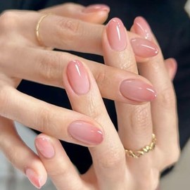 24Pcs Oval False Nails, Nude Pink Gradient Short Acrylic Full Cover Press on Stick Manicure Art Accessories for Women