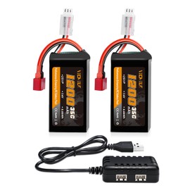 VICMILE 7.4V Lipo Battery 1200mAh 2S 35C High Discharge Rate Rechargeable Battery with Dean-Style T Plug Fit for WLtoys A949 A959 A969 A979 K929 Most 1/10 1/16 1/18 1/24 RC Car Truck with 1TO2 Charger