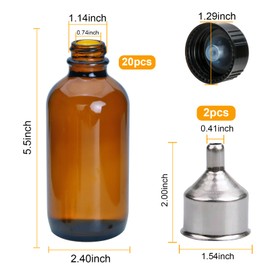 YINGERHUAN 8oz Glass Vanilla Extract Bottles,Round Amber Boston with Caps for Syrup,20 Pack Glass Sample Bottles with Stickers and Funnel for Essential Oils,Wedding,Christmas