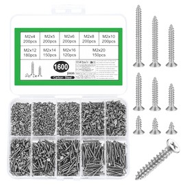 Pack of 1600 M2 Small Screws Set, Self Tapping Screws Set, Wood Screws Assortment, Cross Head Flat Head Screws Countersunk Screws for Wood Sheet Metal Concrete (Silver)