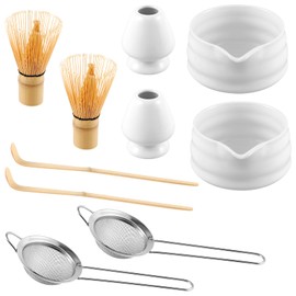 Matcha Whisk Set, 10 Pcs Matcha Kit - Matcha Bowl with Spout, Whisk and Holder, Bamboo Matcha Scoop and Stainless Sifter for Matcha Lover, White