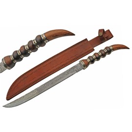 SZCO Supplies 23.5" Fancy Wood Handle Damascus Steel Short Sword with Sheath, Brown