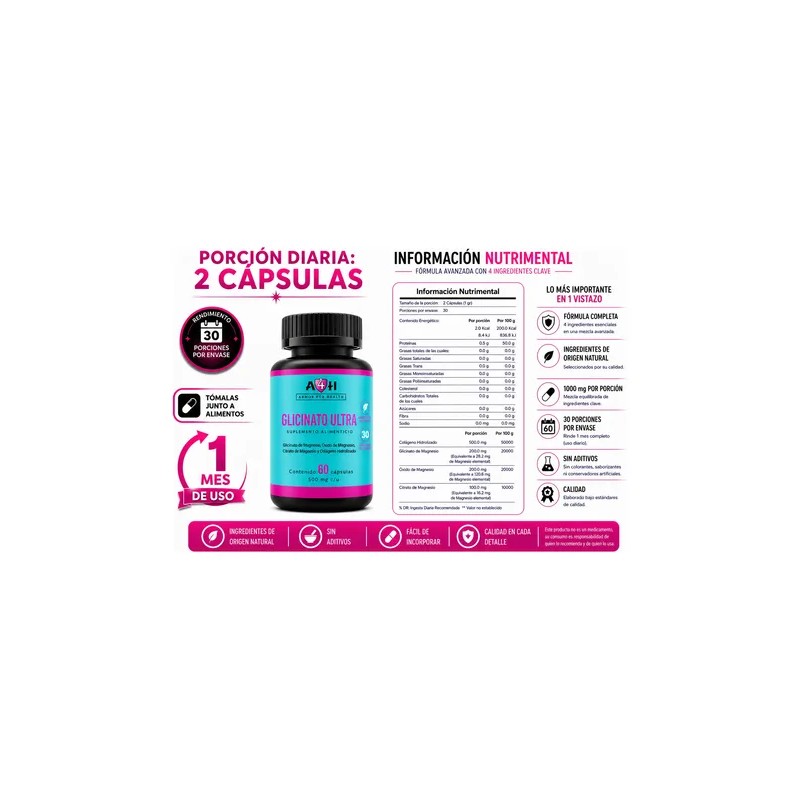 Glicinato Ultra 60 Cáp Glicinato De Magnesio 500 Mg A4h