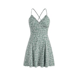 CIDER Womens Mini Dress Backless Floral V Neck Tie Back Summer Beach Vacation Sundress Going Out Dresses Green