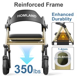 HOMLAND Walkers for Seniors with Seat, Foldable Rollator Walker, Reinforced Aluminum Frame, 8" Big Rubber Wheels for All Terrain, Height Adjustable Lightweight Rolling Walker