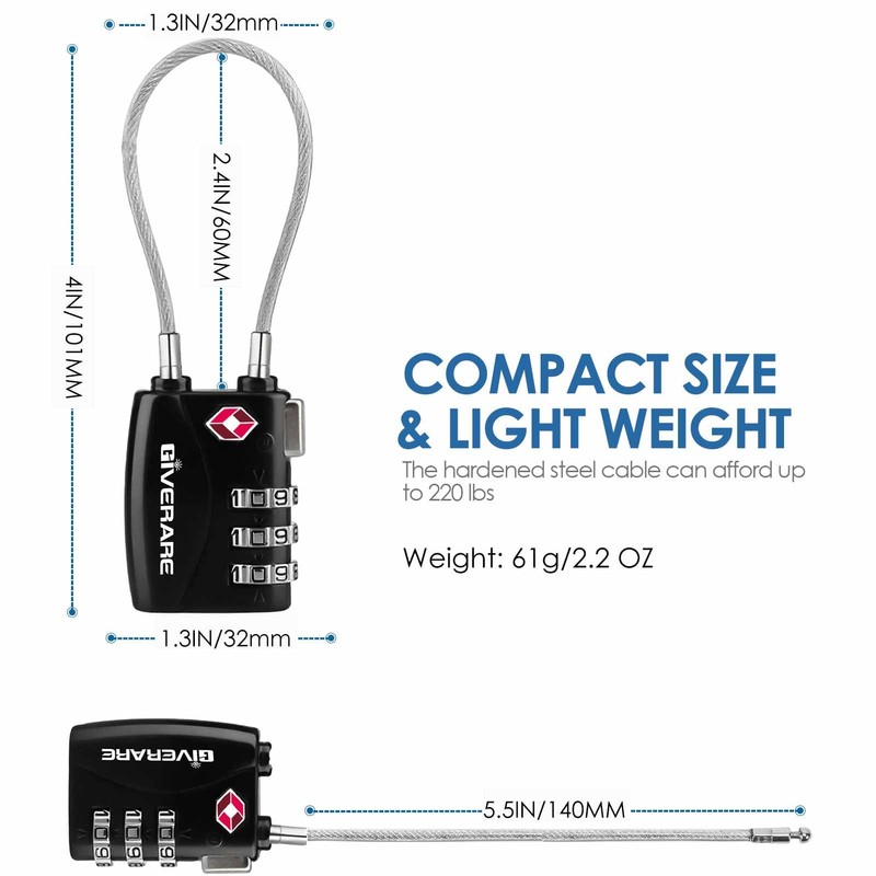 2 Pack TSA Approved Travel Luggage Locks, Long Cable Combination