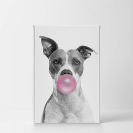 Smile Art Design Cute Pitbull Dog Animal Bubble Gum Art Pink Canvas Print Black and White Wall Art Home Decoration Pop Art Living Room Kids Room Decor Nursery Ready to Hang Made in The USA 28x19