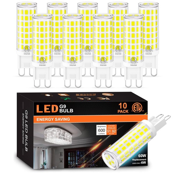 10 Pack G9 LED Bulb 5000K Daylight, Hansnag 6W (60W Halogen Replacement) T4 Chandelier Light Bulbs, G9 Bi Pin Ceramic Base 600LM, AC120V 360 Beam Angle for Home Lighting, Non-Dimmable