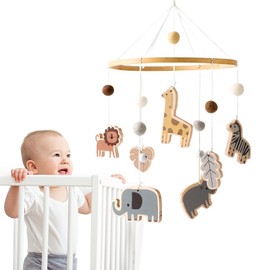 Promise Babe Mobile Baby Animal Wind Chimes with Felt Balls Giraffe Lion Elephant Zebra Mobile Baby Room Wood Crocheted Mobile Newborn Boys Girls Hippo Leaves Bed Bells Baby Bed Crib Decoration