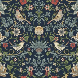 FunStick 17.5"x354" Dark Blue William Morris Wallpaper Vintage Antique Leaves Birds Floral Peel and Stick Wallpaper for Bedroom Kitchen Renter Friendly Flower Wall Paper Removable Blue Contact Paper