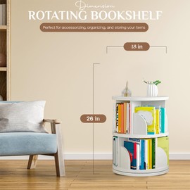 PrimeNex Rotating Bookshelf Tower 360° Display Bookcase, 2 Tier Floor Standing Book Shelf Storage Rack for Kids&Adult, Small Corner Bookshelf Organizer for Bedroom, Living Room- White
