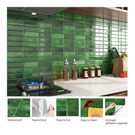 FunStick 15-Sheets Dark Green Peel and Stick Tile Backsplash for Kitchen Bathroom Shower Wall Tiles Waterproof 12"x12" Removable Back Splash Stick on Subway Tile Stickers for Kitchen Fireplace Renters