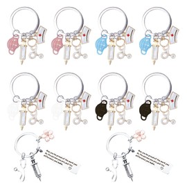 Keboyoe Pack of 10 Nurse Keyrings, Metal Keyring, Nurse Keychain, Hanging Pendant with Syringe Stethoscope for Doctor, Nurse Gifts, Pink, white, black, blue, silver