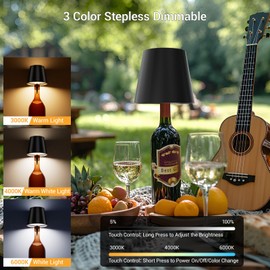 Nulmvic 2 Pack Wireless LED Wine Bottle Lamp with Stopper - 3 Color Stepless Dimming Rechargeable Touch Lights for Liquor Bottles - Black