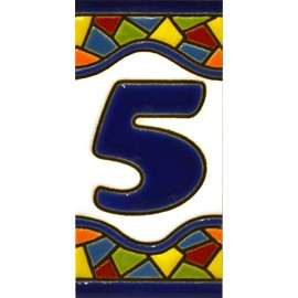 House numbers. Handpainted polichrome ceramic tiles. letters and numbers handpainted using dry rope technique perfect to create signs,addresses and names. Design MOSAICO MINI 2,87"X1,38" (NUMBER 5)