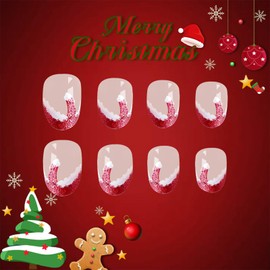 Christmas Press on Nails Short Almond Fake Nails Santa Hat French Tips False Nails Glitter Red French Tips Stick on Nails Winter Full Cover Glossy Acrylic Nails Glue on Nails for Women Girls 24Pcs