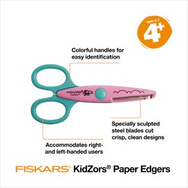 Fiskars Decorative Edge Craft Scissors for Kids Ages 4-7, Craft Scissors for Kids, Zoo Animal Pattern Design with Zig Zag Edges, 3-Pack