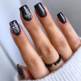Christmas Black Press on Nails Short Square Fake Nails with White Snowflake Design Dark Black Glitter Glue on Nails Press ons Xmas Simple False Nails for Women 24 Pcs
